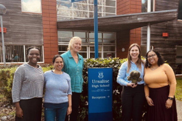 4 members of the NIHR King's Clinical Research Facility and a PPI member stood outside Ursuline High School