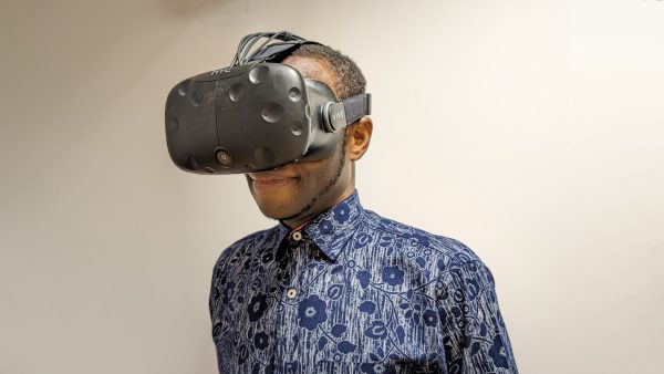 Person with a Virtual Reality (VR) headset on